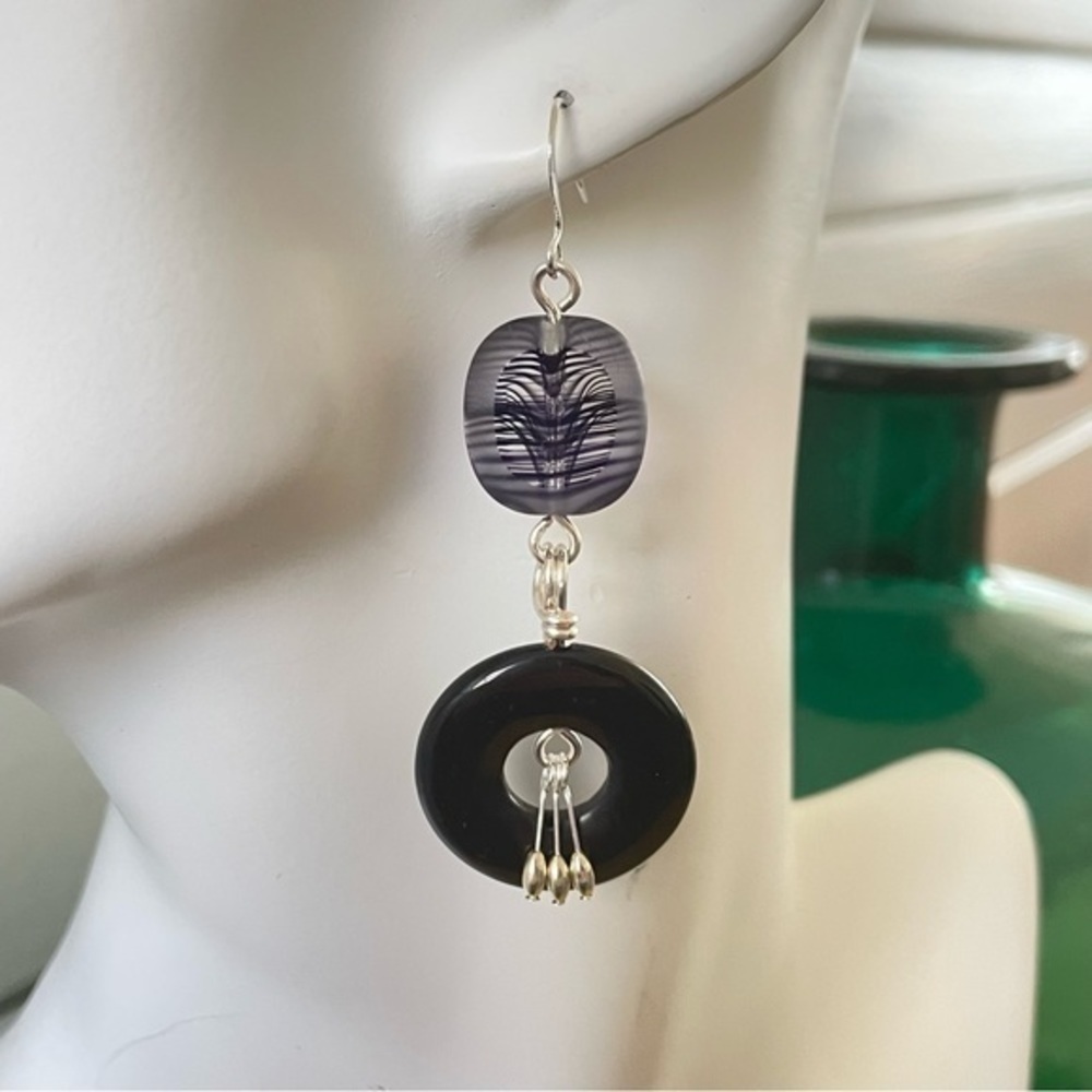 2/$29 Handmade Obsidian Glass Dangle Earrings Black Purple Stripe Silver - Picture 3 of 4